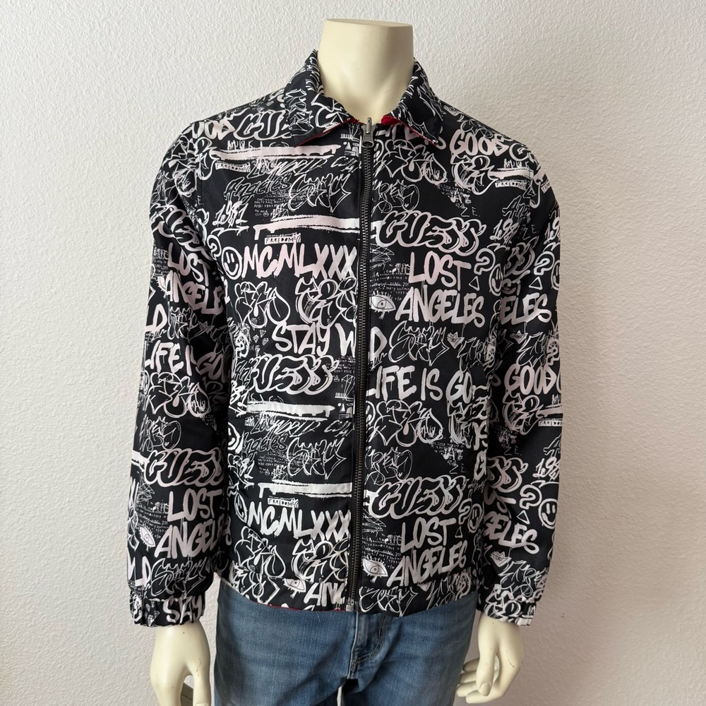 RARE Guess Red/Black/Graphic, Graffiti Reversible Full Zip Jacket Size S